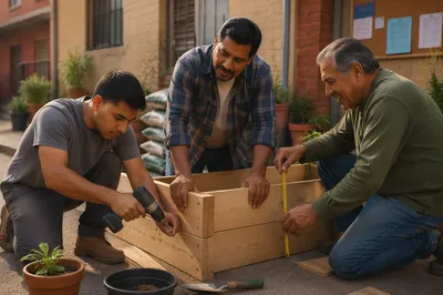 Latino Men Building Garden Beds Together