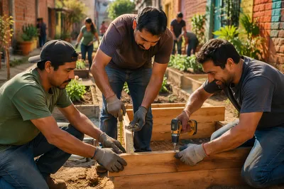 Three Men Building Garden Planter Together