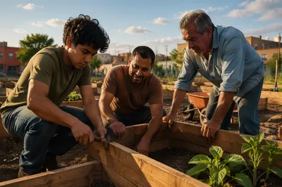 Three Men Building Urban Garden Planters