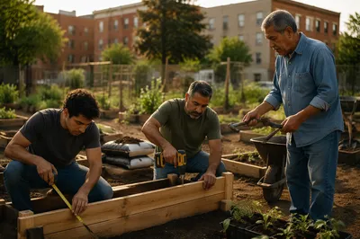 Latino Men Building Community Garden Planters