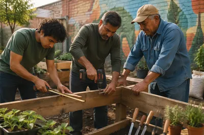 Three Men Building Garden Planter Beds