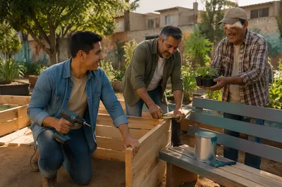 Latino Men Building in Urban Garden