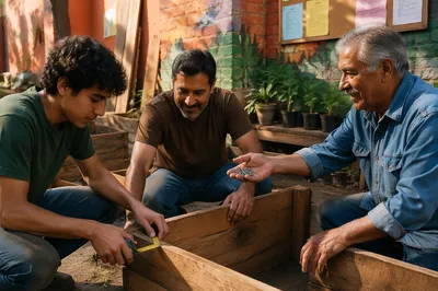 Latino Men Building Community Garden Planters