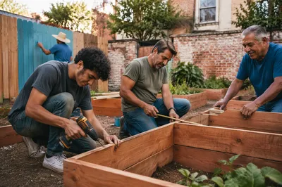 Latino Men Building Community Garden Together