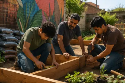 Three Men Building Garden Planters