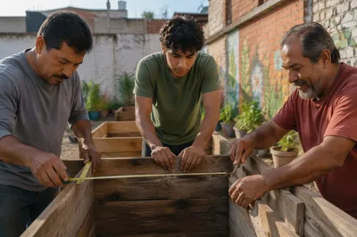 Three Men Building Garden Beds