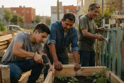 Latino Men Working in Urban Garden