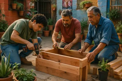 Three Men Building Garden Planter Together