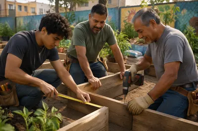 Three Men Building Garden Planter Boxes