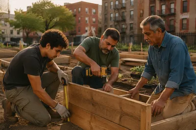 Latino Men Building Community Garden Planters