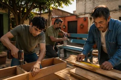 Three Men Building Garden Beds Together