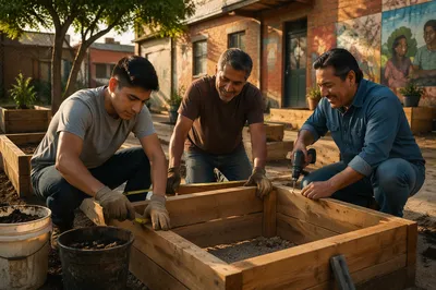 Three Men Building Garden Beds Together