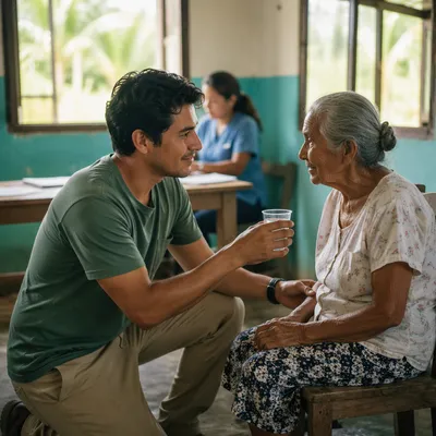 Young Man Assisting Elderly Woman Indoors