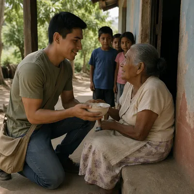 Young Man Helping Elderly Woman Outdoors