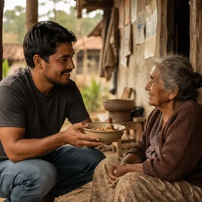 Compassionate Man Helping Elderly Woman Outdoors