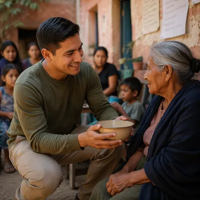 Young Man Helping Elderly Woman Outdoors