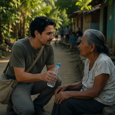 Man Offering Water to Elderly Woman