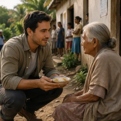 Man Helping Elderly Woman Outside Clinic