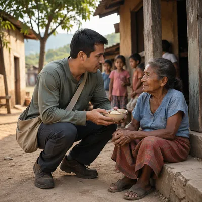 Man Offering Food in Rural Courtyard