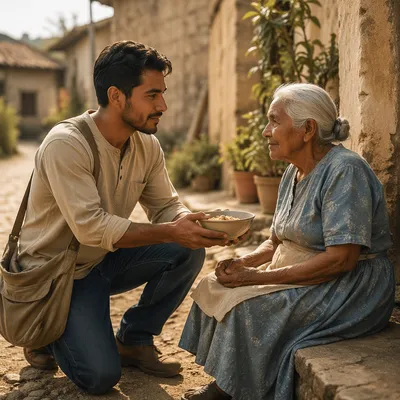 Man Offering Food in Village Courtyard