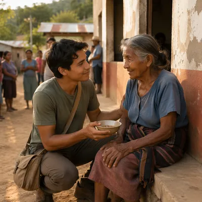 Young Man Helping Elderly Woman Outdoors