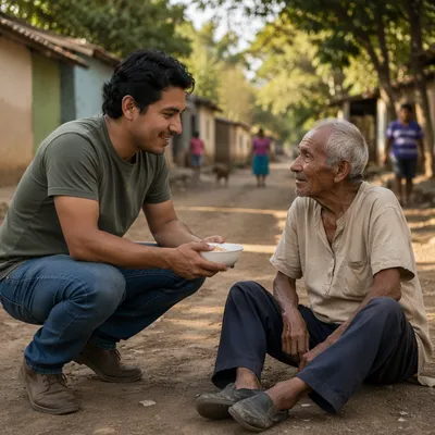 Man Offering Food to Elderly Villager