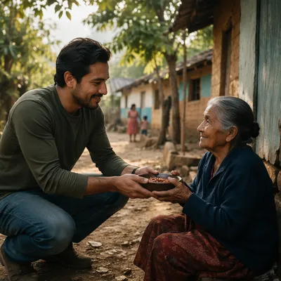Man Offering Food to Elderly Woman