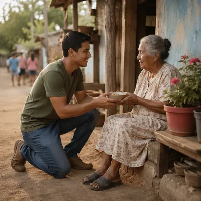Young Man Helping Elderly Woman Outdoors