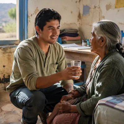 Young Man Helping Elderly Woman Indoors