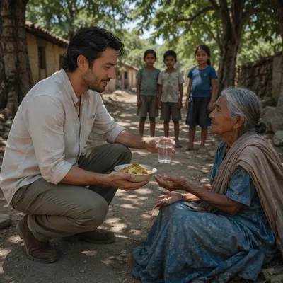 Man Offering Food and Water Outdoors