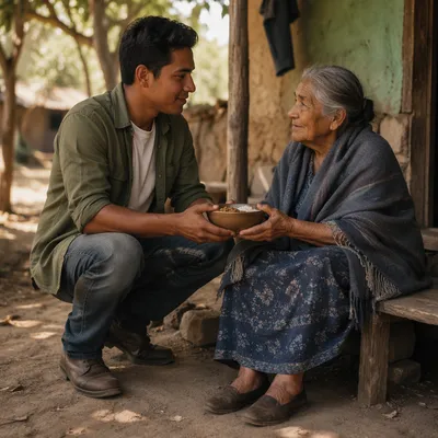 Young Man Helping Elderly Woman Porch