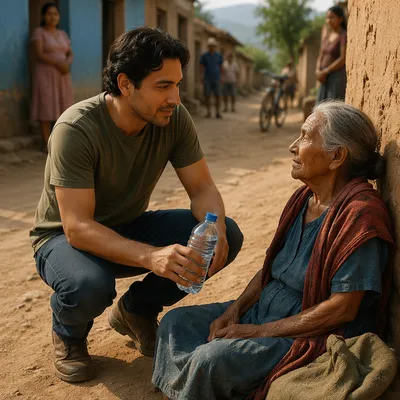Man Offering Water to Elderly Woman