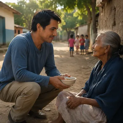 Man Offering Food in Rural Village
