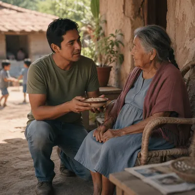 Man Offering Food on Village Porch