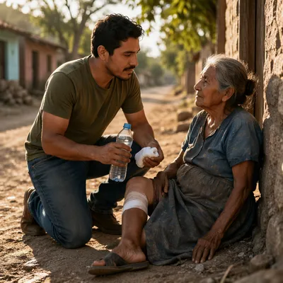 Man Helping Elderly Woman on Rural Road