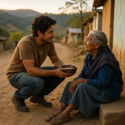 Man Offering Food on Rural Road