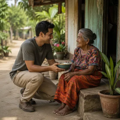 Young Man Helping Elderly Woman Outdoors