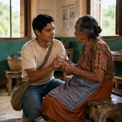 Young Man Helping Elderly Woman Indoors