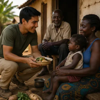 Man Sharing Food With Rural Family