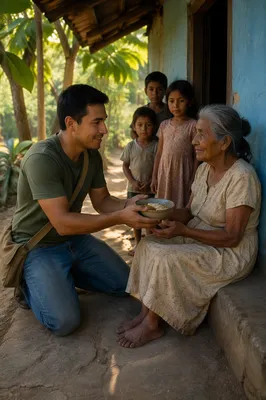 Young Man Helping Elderly Woman Outdoors