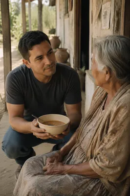Man Offering Food to Elderly Woman