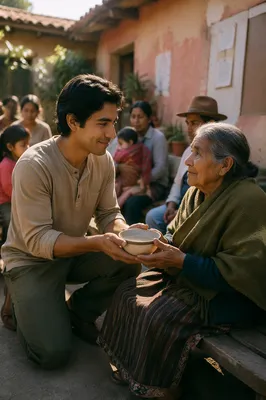Young Man Helping Elderly Woman Outdoors