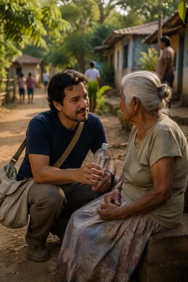 Man Offering Water to Elderly Woman