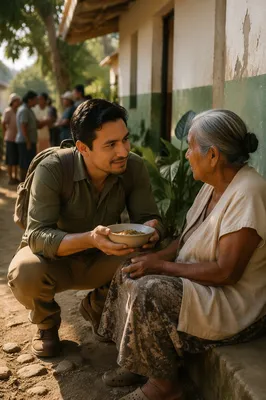 Man Helping Elderly Woman Outside Clinic