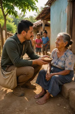 Compassionate Man Assisting Elderly Woman Outdoors