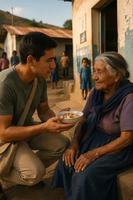 Young Man Helping Elderly Woman Outdoors