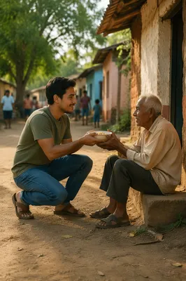 Man Offering Food to Elderly Villager