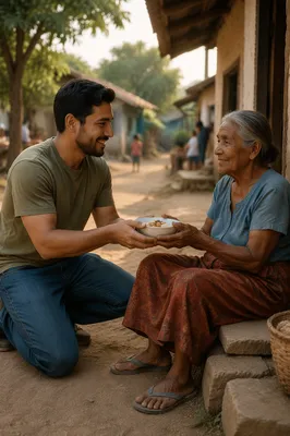 Man Offering Food to Elderly Woman
