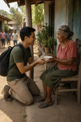 Young Man Offering Food on Porch