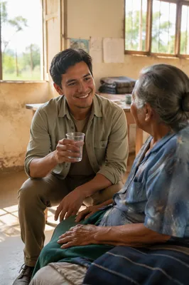 Young Man Helping Elderly Woman Indoors